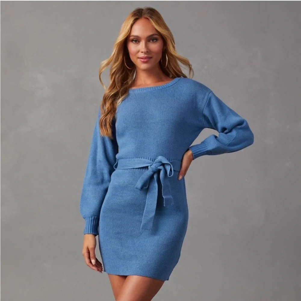 VICI Lorene Tie Waist Mini Sweater Dress - Picture 1 of 9